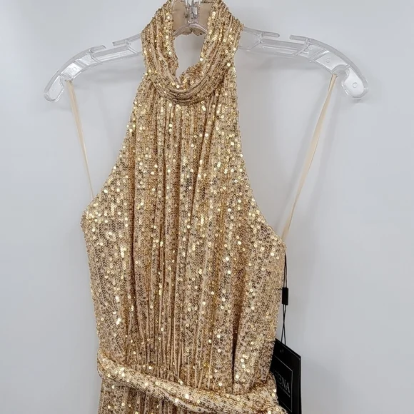 Ieena for Mac Duggal Sequin Halter Neck Sheath Gown - Picture 4 of 9